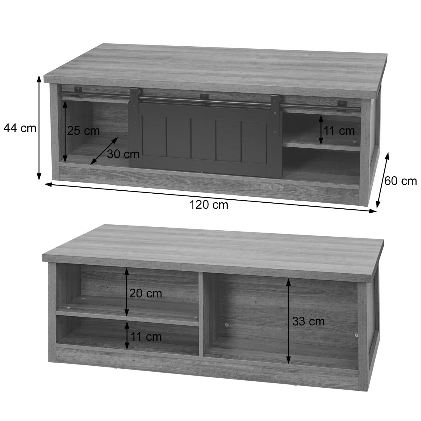 Salontafel MCW-K75, bijzettafel woonkamertafel, schuifdeur 6 opbergvakken, houtlook metaal 44x120x60cm ~ bruin