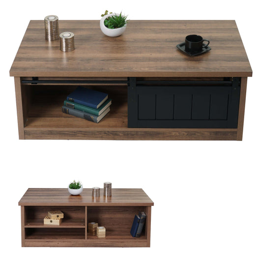 Salontafel MCW-K75, bijzettafel woonkamertafel, schuifdeur 6 opbergvakken, houtlook metaal 44x120x60cm ~ bruin