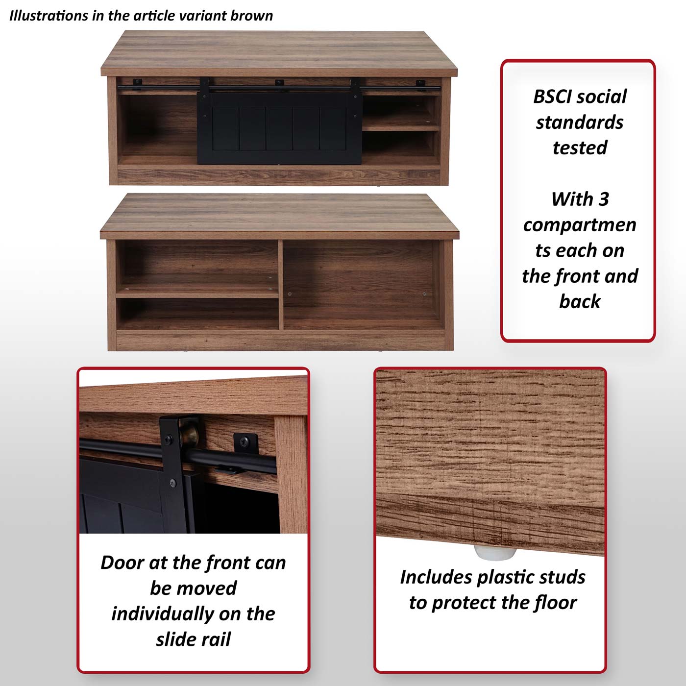 Salontafel MCW-K75, bijzettafel woonkamertafel, schuifdeur 6 opbergvakken, houtlook metaal 44x120x60cm ~ bruin