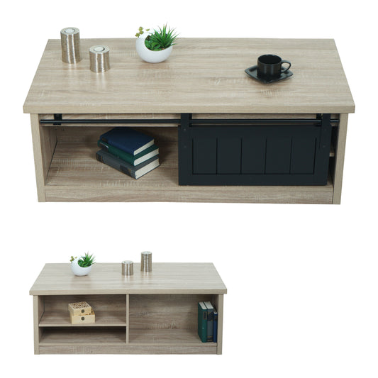 Salontafel MCW-K75, bijzettafel woonkamertafel, schuifdeur 6 opbergvakken, houtlook metaal 44x120x60cm ~ natuurlijke kleur