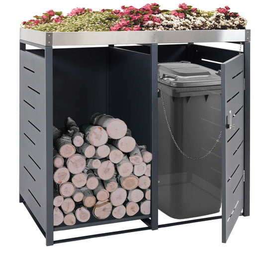 1 afvalbak met opslagruimte voor brandhout MCW-H40, afvalbak, 125x130x80cm uitrekbaar metaal 45kg ~ antraciet