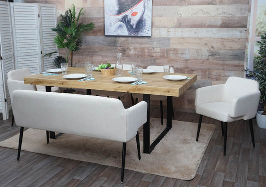 Eetkamerset MCW-L13, set van 4 stoelen+bank Eetkamerset Eetkamerset, stof/textiel ~ crème-wit