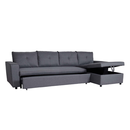 Hoekbank met bed box MCW-L16, bank L-vorm ligvlak links/rechts nosagvering stof/textiel 290cm ~ donkergrijs