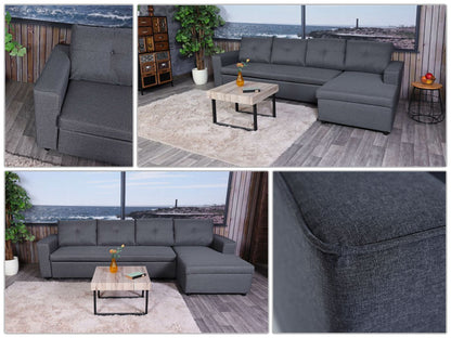 Hoekbank met bed box MCW-L16, bank L-vorm ligvlak links/rechts nosagvering stof/textiel 290cm ~ donkergrijs