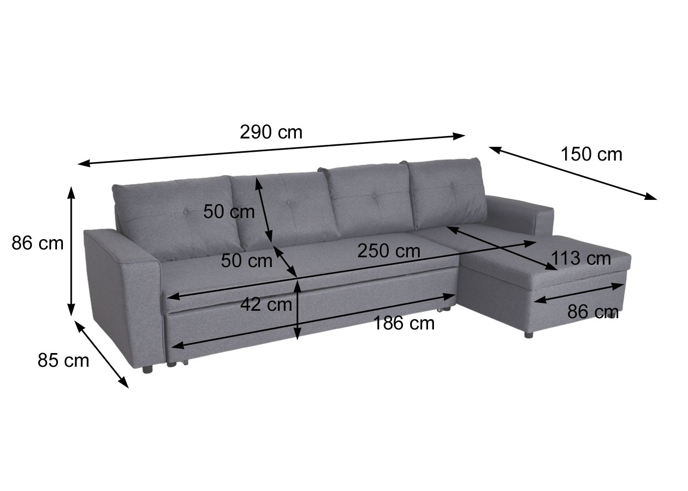 Hoekbank met bed box MCW-L16, bank L-vorm, ligvlak links/rechts nosagvering stof/textiel 290cm ~ grijs