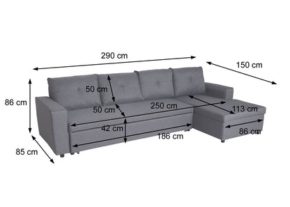 Hoekbank met bed box MCW-L16, bank L-vorm, ligvlak links/rechts nosagvering stof/textiel 290cm ~ grijs