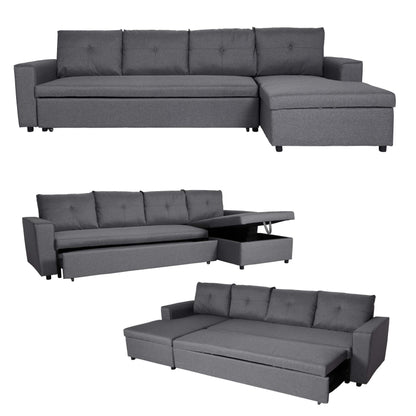 Hoekbank met bed box MCW-L16, bank L-vorm ligvlak links/rechts nosagvering stof/textiel 290cm ~ donkergrijs
