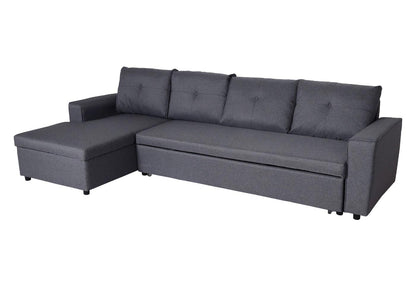 Hoekbank met bed box MCW-L16, bank L-vorm ligvlak links/rechts nosagvering stof/textiel 290cm ~ donkergrijs
