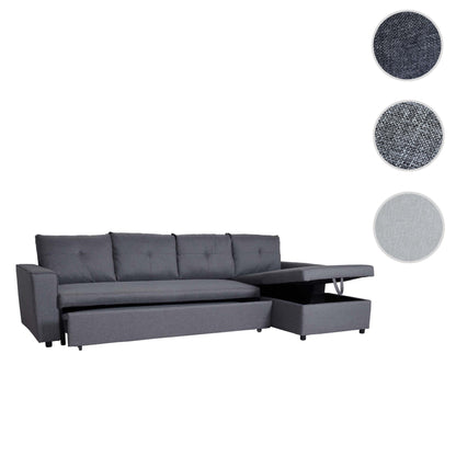 Hoekbank met bed box MCW-L16, bank L-vorm ligvlak links/rechts nosagvering stof/textiel 290cm ~ donkergrijs