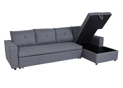 Hoekbank met bed box MCW-L16, bank L-vorm ligvlak links/rechts nosagvering stof/textiel 290cm ~ donkergrijs