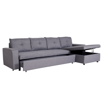 Hoekbank met bed box MCW-L16, bank L-vorm, ligvlak links/rechts nosagvering stof/textiel 290cm ~ grijs