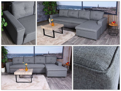 Hoekbank met bed box MCW-L16, bank L-vorm, ligvlak links/rechts nosagvering stof/textiel 290cm ~ grijs