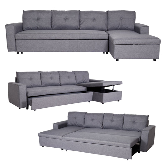 Hoekbank met bed box MCW-L16, bank L-vorm, ligvlak links/rechts nosagvering stof/textiel 290cm ~ grijs