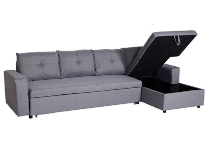 Hoekbank met bed box MCW-L16, bank L-vorm, ligvlak links/rechts nosagvering stof/textiel 290cm ~ grijs