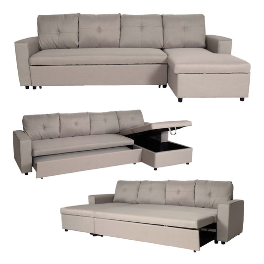 Hoekbank met bed box MCW-L16, bank L-vorm, ligvlak links/rechts nosagvering stof/textiel 290cm ~ beige