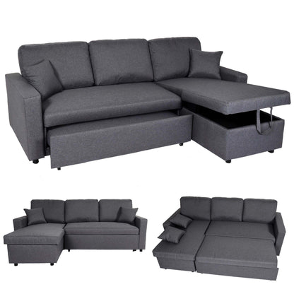 Hoekbank met bed box MCW-L17, bank L-vorm, ligvlak Nosag vering 228cm ~ donkergrijs