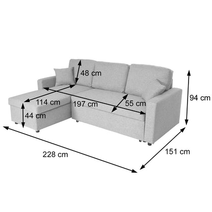 Hoekbank met bed box MCW-L17, bank L-vorm, ligvlak Nosag vering 228cm ~ beige