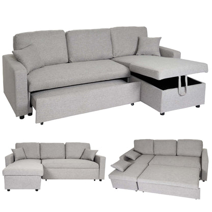 Hoekbank met bed box MCW-L17, bank L-vorm, ligvlak Nosag vering 228cm ~ grijs