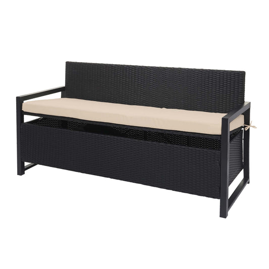 Poly-rattan 3-zitsbank MCW-F39, tuinbank kistbank, opbergvak zitkussens ~ antraciet, kussens beige