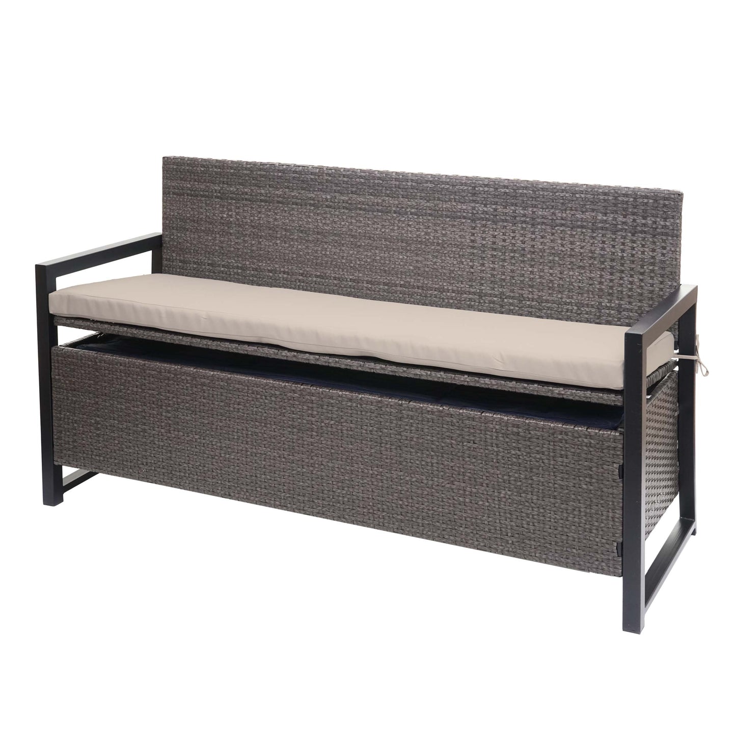 Poly-rattan 3-zitsbank MCW-F39, tuinbank kistbank, opbergvak opbergkussens zitting ~ grijs-gemêleerd, kussens beige
