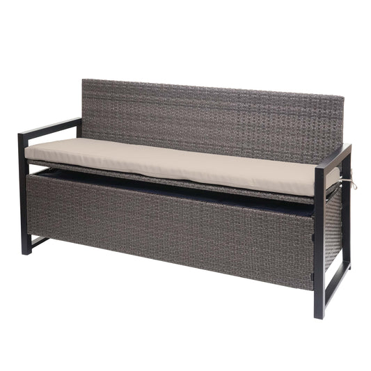 Poly-rattan 3-zitsbank MCW-F39, tuinbank kistbank, opbergvak opbergkussens zitting ~ grijs-gemêleerd, kussens beige