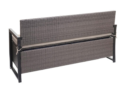 Poly-rattan 3-zitsbank MCW-F39, tuinbank kistbank, opbergvak opbergkussens zitting ~ grijs-gemêleerd, kussens beige