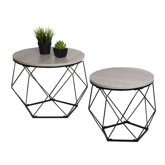 Salontafelset MCW-L37, salontafel bijzettafel loungetafel, metaal hout ~ eiken-grijs look