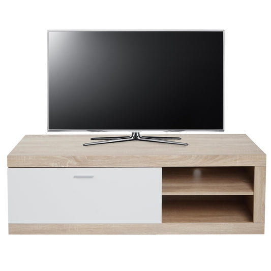 TV-rek MCW-L33, TV-standaard TV-tafel lowboard TV-kast ladekast, hout 43x140x41cm opbergvak, eiken-look, wit