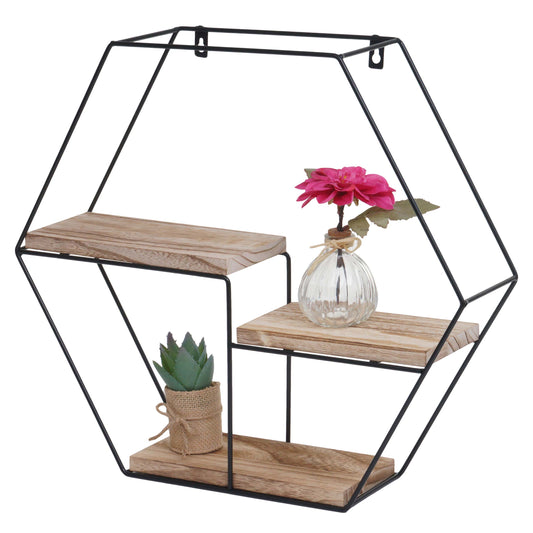 Wandplank MCW-K76, Hangende plank Zwevende plank, 3 planken Metalen massief hout Industrieel 43x49x11cm ~ natuur