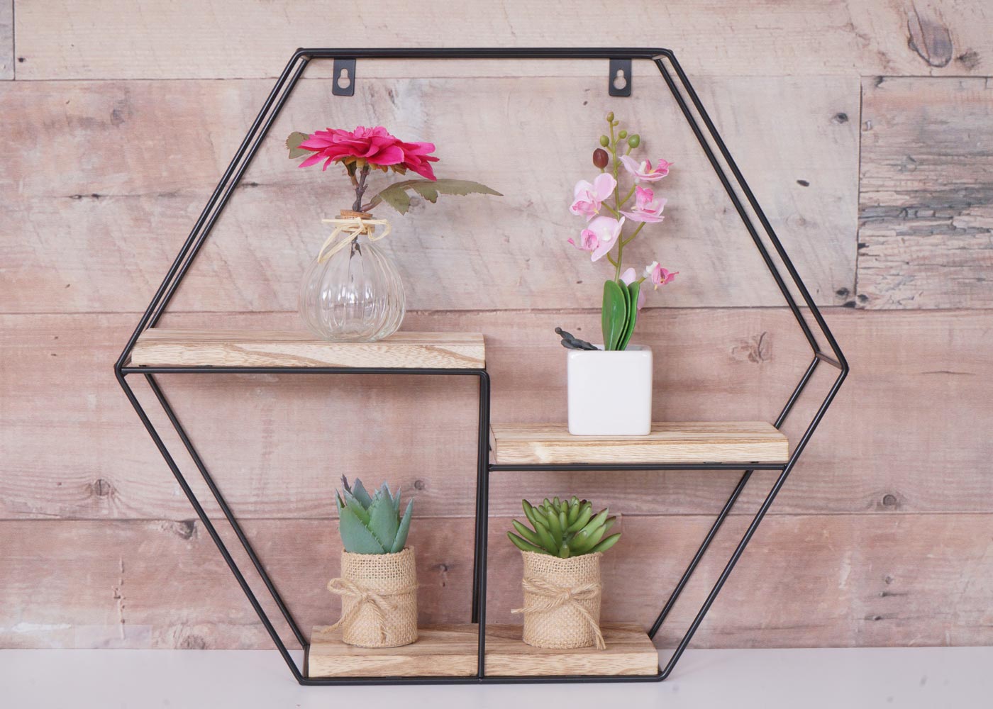 Wandplank MCW-K76, Hangende plank Zwevende plank, 3 planken Metalen massief hout Industrieel 43x49x11cm ~ natuur