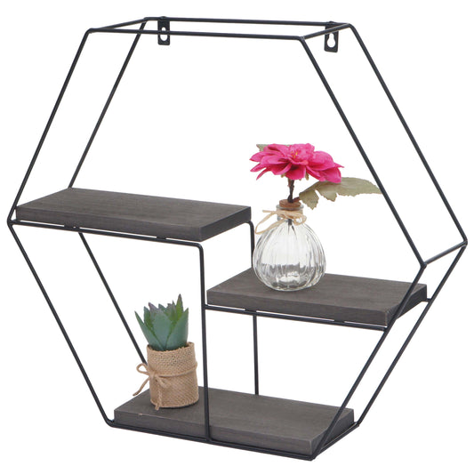 Wandplank MCW-K76, Hangende plank Zwevende plank, 3 planken Metalen massief hout Industrieel 43x49x11cm ~ donkergrijs