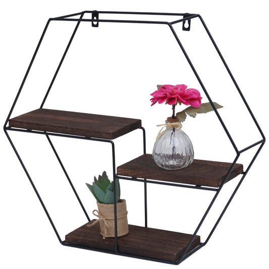Wandplank MCW-K76, Hangende plank Zwevende plank, 3 planken Metalen massief hout Industrieel 43x49x11cm ~ donkerbruin