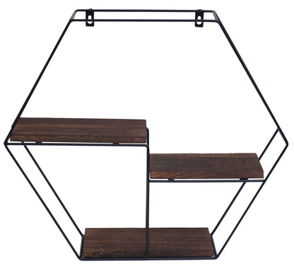 Wandplank MCW-K76, Hangende plank Zwevende plank, 3 planken Metalen massief hout Industrieel 43x49x11cm ~ donkerbruin
