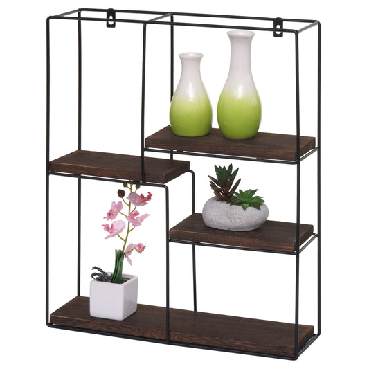 Wandplank MCW-K76, Hangende plank Zwevende plank, 4 planken Metalen massief hout Industrieel 51x40x11cm ~ donkerbruin