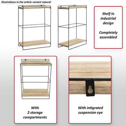Wandplank MCW-K77, hangende plank Keukenplank, massief hout metaal Industrieel 2 planken 50x35x17cm ~ natuur