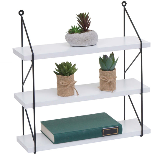 Wandplank MCW-K78, Hangende plank Zwevende plank, 3 planken Metalen massief hout Industrieel 40x40x13cm ~ wit