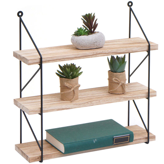Wandplank MCW-K78, Hangende plank Zwevende plank, 3 planken Metalen massief hout Industrieel 40x40x13cm ~ natuur