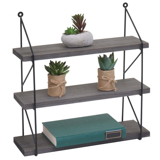 Wandplank MCW-K78, Hangende plank Zwevende plank, 3 planken Metalen massief hout Industrieel 40x40x13cm ~ donkergrijs