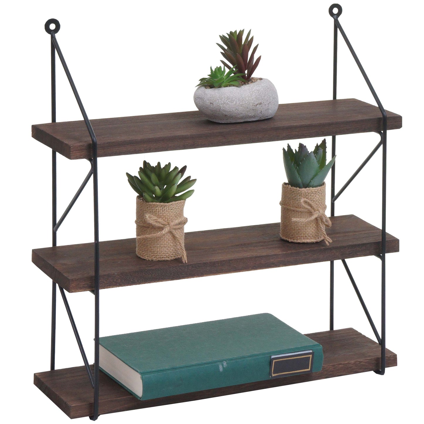 Wandplank MCW-K78, Hangende plank Zwevende plank, 3 planken Metalen massief hout Industrieel 40x40x13cm ~ donkerbruin