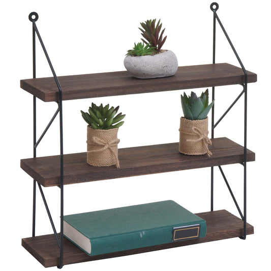 Wandplank MCW-K78, Hangende plank Zwevende plank, 3 planken Metalen massief hout Industrieel 40x40x13cm ~ donkerbruin