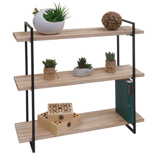 Wandplank MCW-K78, hangende plank, zwevende plank, 3 planken massief hout industrieel 60x60x18cm ~ naturel, metaal zwart