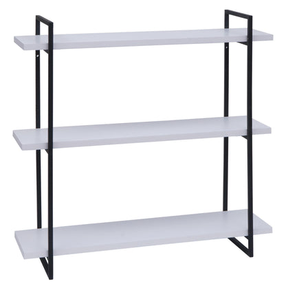 Wandplank MCW-K78, hangende plank, zwevende plank, 3 planken massief hout industrieel 60x60x18cm ~ wit, metaal zwart