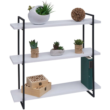Wandplank MCW-K78, hangende plank, zwevende plank, 3 planken massief hout industrieel 60x60x18cm ~ wit, metaal zwart