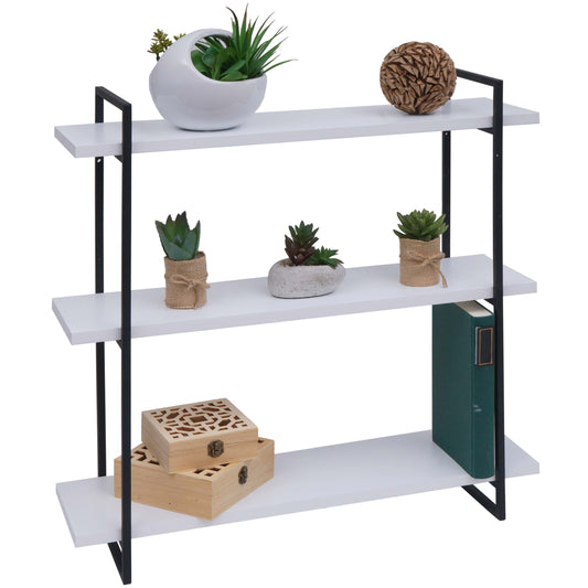 Wandplank MCW-K78, hangende plank, zwevende plank, 3 planken massief hout industrieel 60x60x18cm ~ wit, metaal zwart