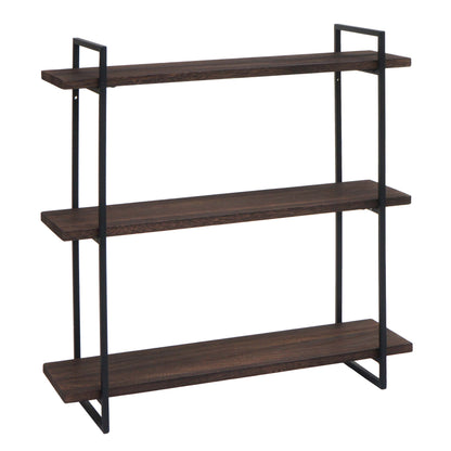 Wandplank MCW-K78, hangende plank, zwevende plank, 3 planken massief hout industrieel 60x60x18cm ~ donkerbruin, metaal zwart