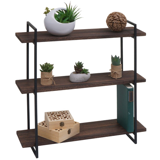 Wandplank MCW-K78, hangende plank, zwevende plank, 3 planken massief hout industrieel 60x60x18cm ~ donkerbruin, metaal zwart