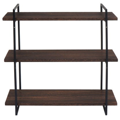 Wandplank MCW-K78, hangende plank, zwevende plank, 3 planken massief hout industrieel 60x60x18cm ~ donkerbruin, metaal zwart