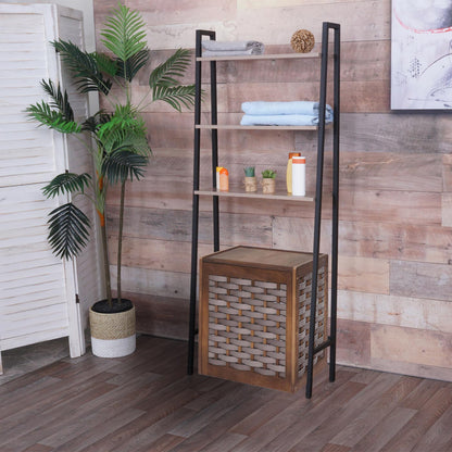 Staande plank MCW-K82, badkamerplank wasmachineplank ladderplank, industrieel metaal hout 155x64x25cm ~ grijsbruin