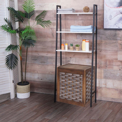 Staande plank MCW-K82, badkamerplank wasmachine plank ladderplank, industrieel metaal hout 155x64x25cm ~ marmer-look wit