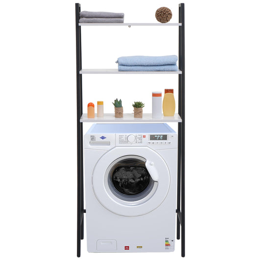 Staande plank MCW-K82, badkamerplank wasmachine plank ladderplank, industrieel metaal hout 155x64x25cm ~ marmer-look wit